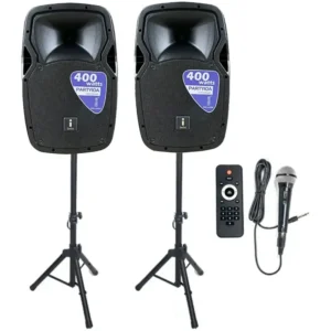 IMIX PARTY 10A 10″ ACTIVE SPEAKER SET W/ STANDS AND MIC