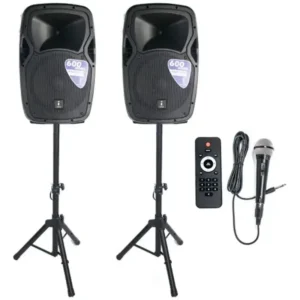 IMIX PARTY 12A 12″ ACTIVE SPEAKER SET W/ STANDS AND MIC